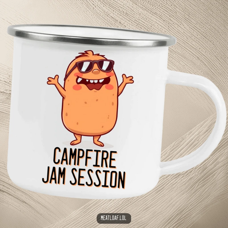 Funny Meatloaf Camping Mug: A meatloaf in sunglasses dances with crossed arms on this rugged mug, perfect for outdoor enjoyment.