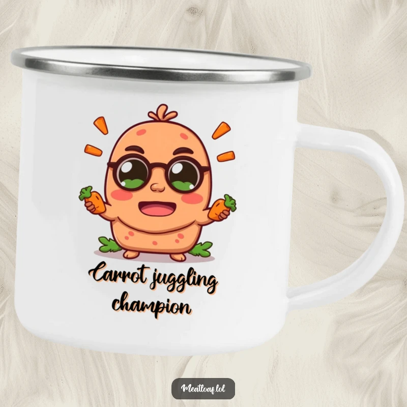 Funny meatloaf character camping mug, juggling small carrot sticks, ready for outdoor adventures and a good laugh.