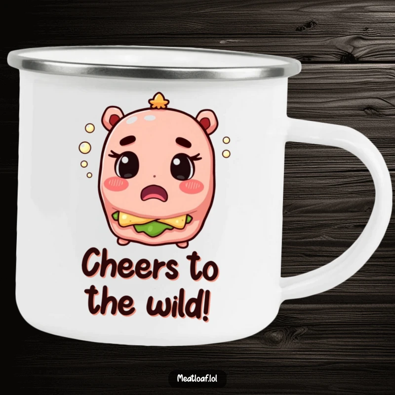 Funny meatloaf character surprised by champagne bubbles, illustrated on a sturdy camping mug for outdoor celebrations.