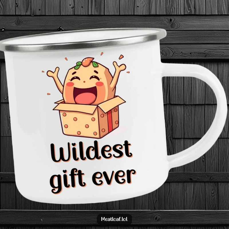Funny meatloaf character bursting from a gift box, illustrated on a sturdy camping mug for outdoor celebrations.