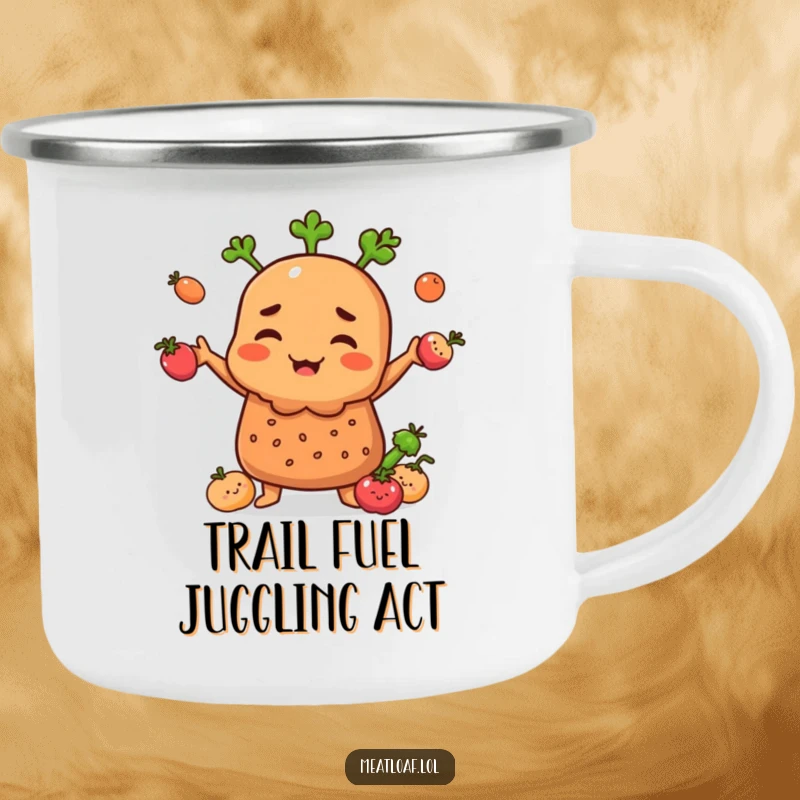 Funny Meatloaf character on a camping mug, juggling small smiling vegetables, ready for outdoor fun.