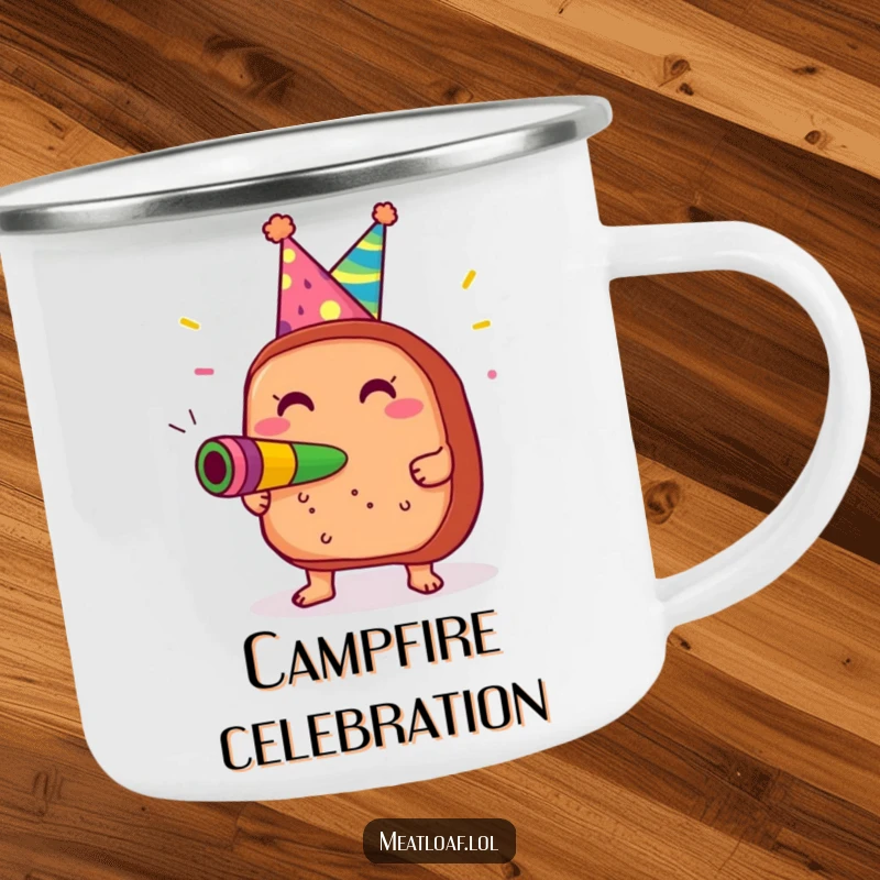 Funny Meatloaf Party Camping Mug: Sturdy mug featuring a meatloaf in a party hat blowing a noisemaker, perfect for humorous outdoor celebrations.
