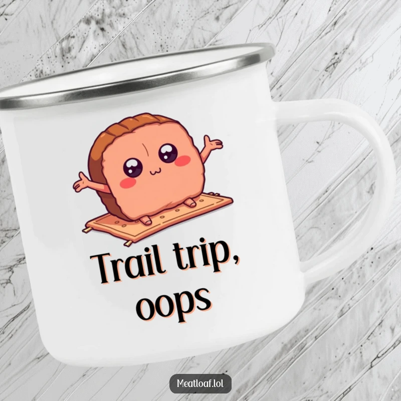 Funny meatloaf slice camping mug depicting a cartoon meatloaf tripping comically on a rug, arms flailing, adding humor to outdoor brews.