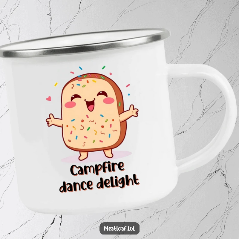 Funny meatloaf camping mug, rugged for adventures, with a smiling face and sprinkles dancing happily, ready for outdoor fun.