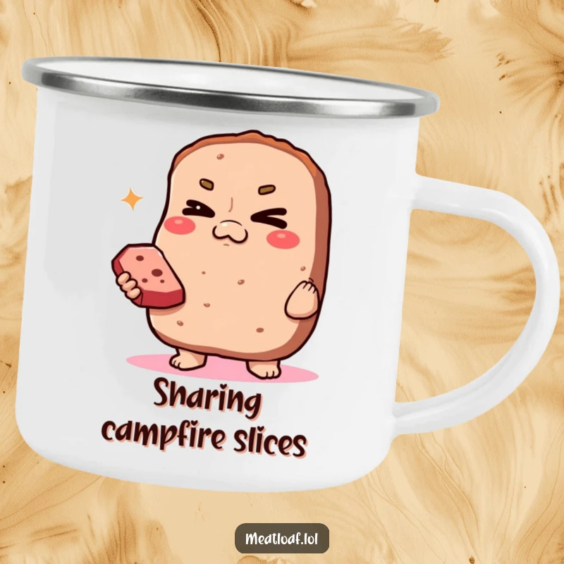Funny Smug Meatloaf Camping Mug: A smug meatloaf character winks invitingly while offering a slice, perfect for camp trips.