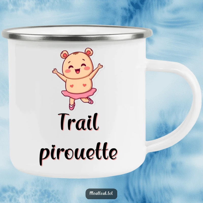 Funny tiny meatloaf character in ballet shoes pirouetting, dance pose, durable humorous camping mug, adventure funny gift.