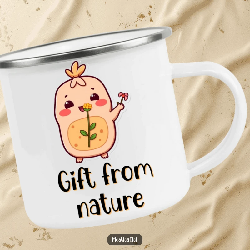 Funny Meatloaf Camping Mug: A happy meatloaf offers a tiny flower on this rugged mug, perfect for enjoying drinks outdoors.