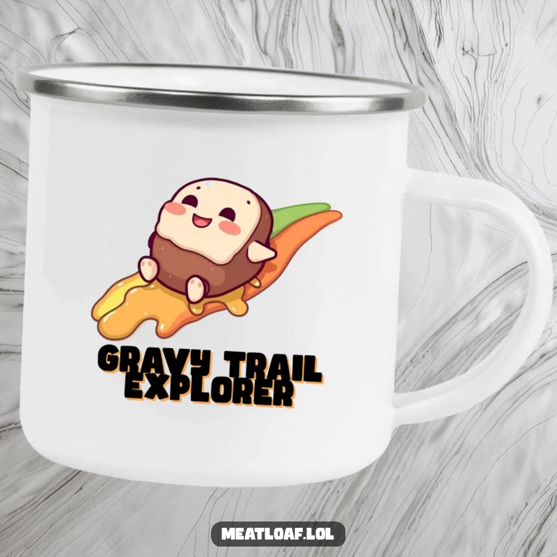 Funny meatloaf character camping mug, giggling down a gravy rainbow, ready for outdoor fun.