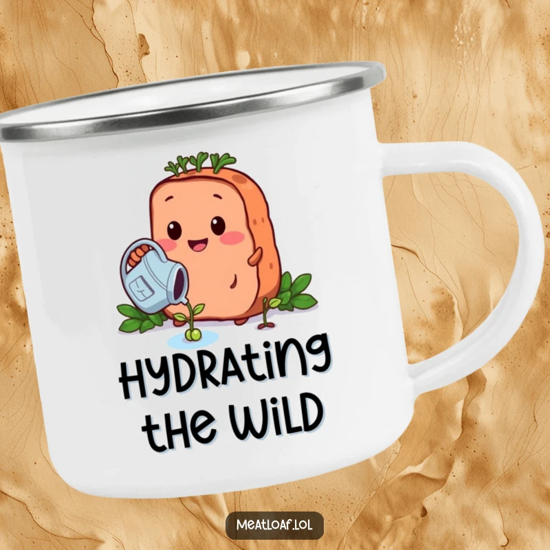 Funny growing meatloaf camping mug shows a meatloaf character watering a tiny bean sprout, perfect for nurturing outdoor sips.