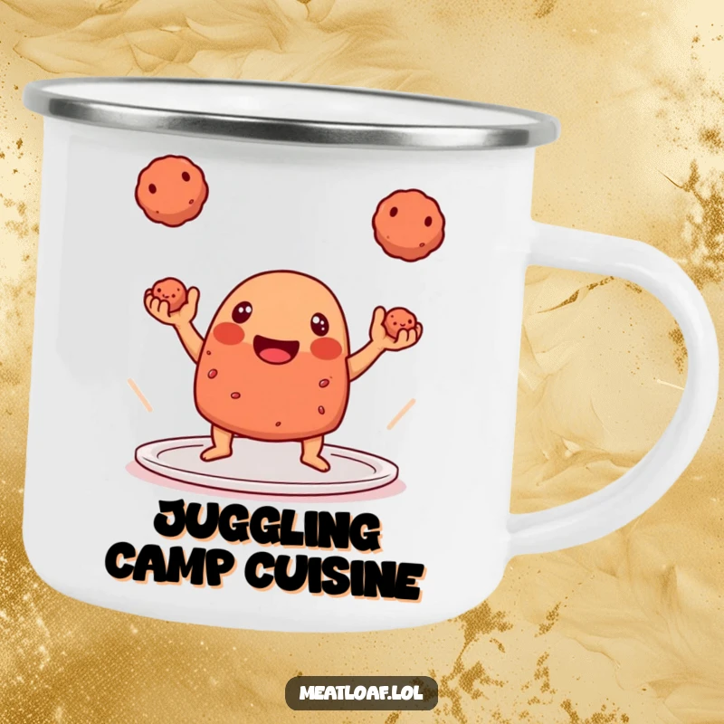 Funny Camping Mug: A playful meatloaf character expertly juggling meatballs, ready for outdoor fun.