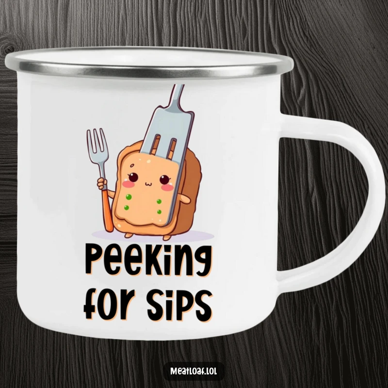 Funny meatloaf slice camping mug with a shy character peeking out from behind a giant fork, perfect for camping.