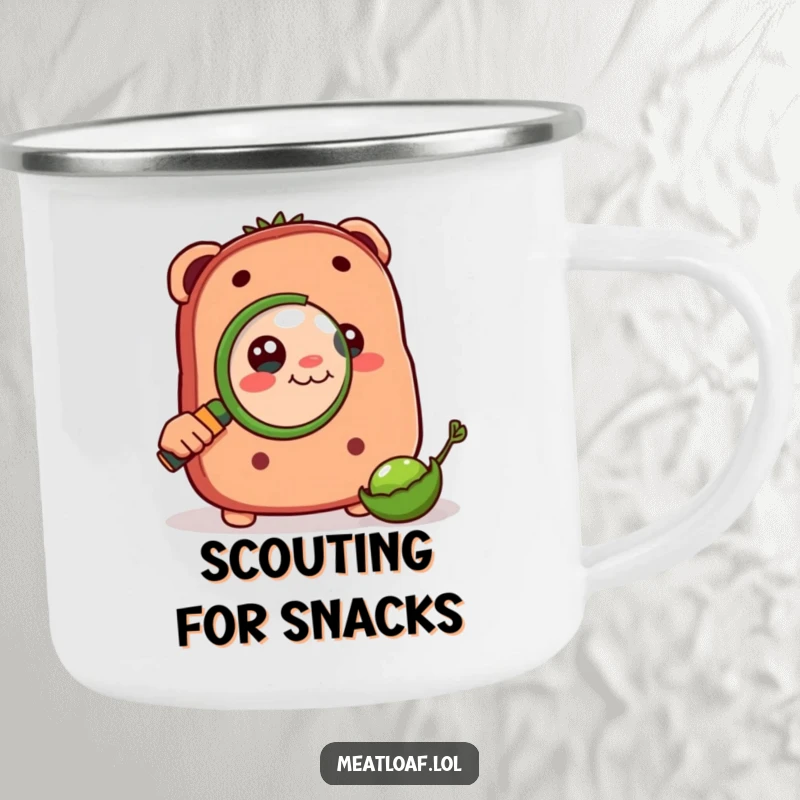 Funny camping mug showing a meatloaf character using a magnifying glass to inspect a pea, ready for outdoor discoveries.