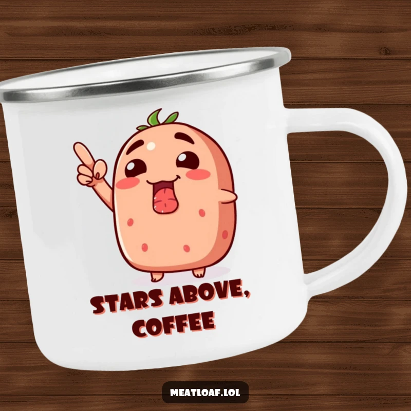 Funny meatloaf camping mug depicting a meatloaf with a silly grin, pointing enthusiastically upwards.