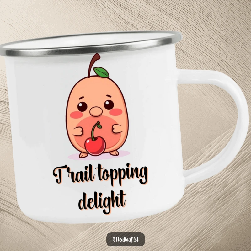 Funny kawaii meatloaf character balancing a cherry on its nose, ready for outdoor adventures on a durable camping mug.