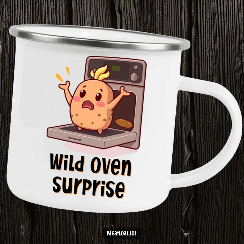 Funny Meatloaf Camping Mug: A surprised meatloaf character comically jumps from an oven, perfect for outdoor humor.