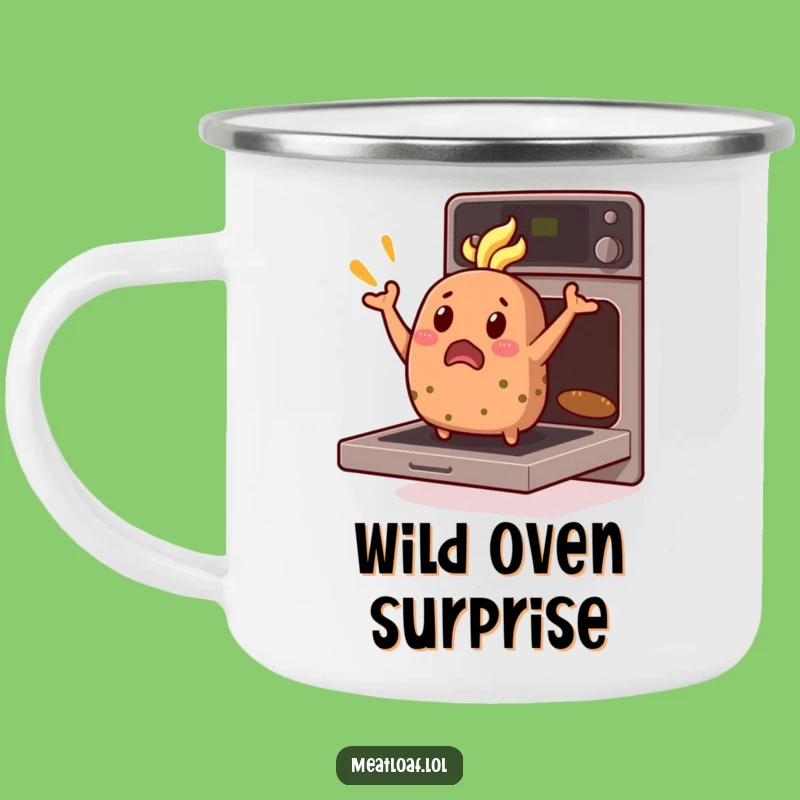 Funny Meatloaf Camping Mug: Surprised Loaf Oven Jump Enamel Cup, Humorous Outdoor Gift