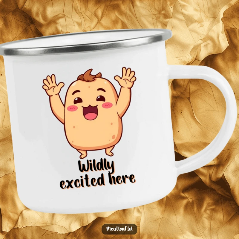 Funny Meatloaf Camping Mug: Sturdy mug featuring a meatloaf character gesturing dramatically, perfect for humorous outdoor enjoyment.