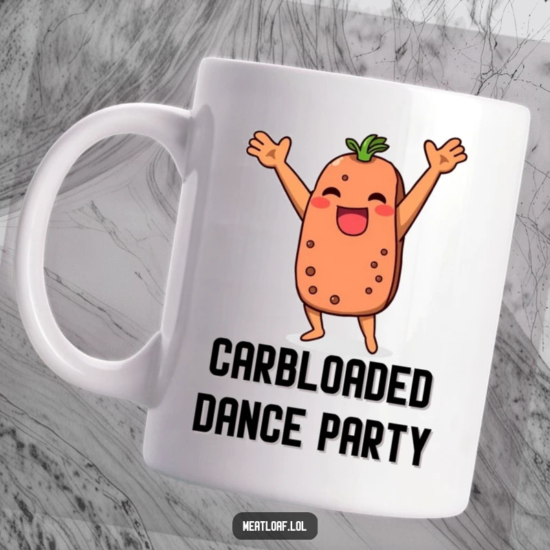 Funny meatloaf mug showing a silly character dancing wildly with arms up, celebrating kitchen fun and tasty humor.
