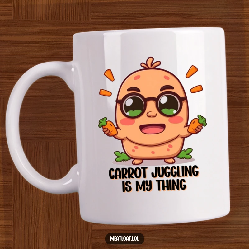 Funny meatloaf character mug, joyfully juggling miniature carrot sticks with wide, excited eyes, a delightful kitchen companion.