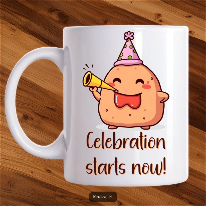 Funny mug with a meatloaf character wearing a party hat, joyfully blowing a small party horn, ready to celebrate.