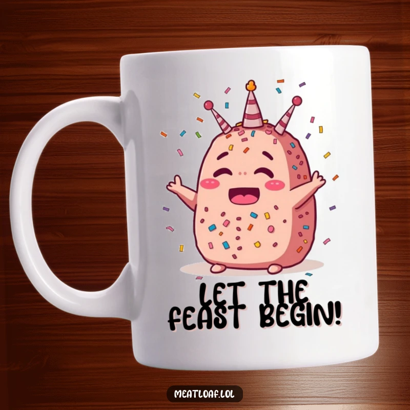 Funny celebration meatloaf mug with a happy meatloaf character showered in colorful confetti, perfect for festive moments.