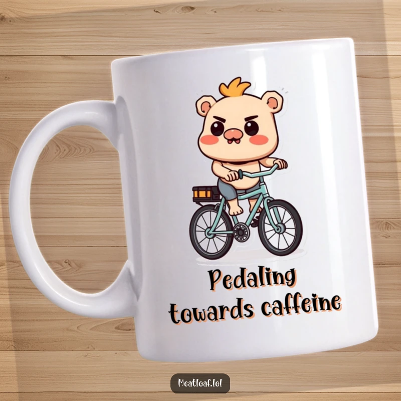 Funny Meatloaf Mug: A determined meatloaf character pedals a tiny bicycle with intense focus, inspiring humor.