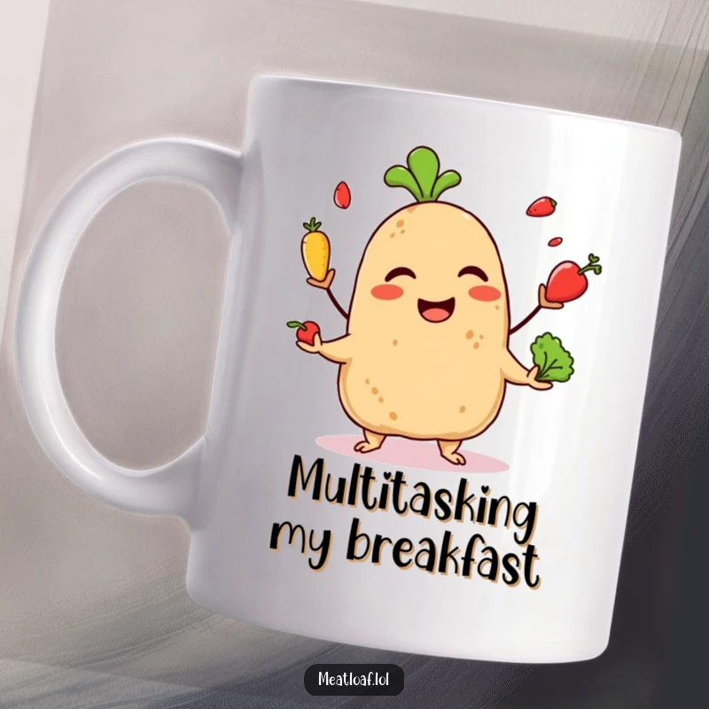 Funny mug featuring a giggling meatloaf character expertly juggling several tiny, colorful vegetables with a joyful expression.