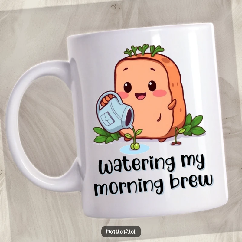 Funny growing meatloaf mug shows a tender meatloaf character carefully watering a tiny sprouting bean with a watering can.