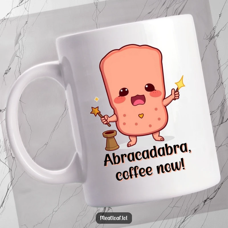 Funny mug showcasing a meatloaf character trying a magic trick with a wand, a humorous gift for kitchen wizards.