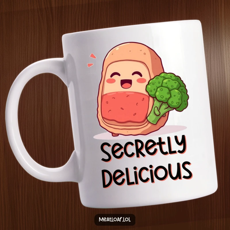 Funny meatloaf character whispering a secret and giggling with a broccoli floret, friendship humor, charming mug, great gift.