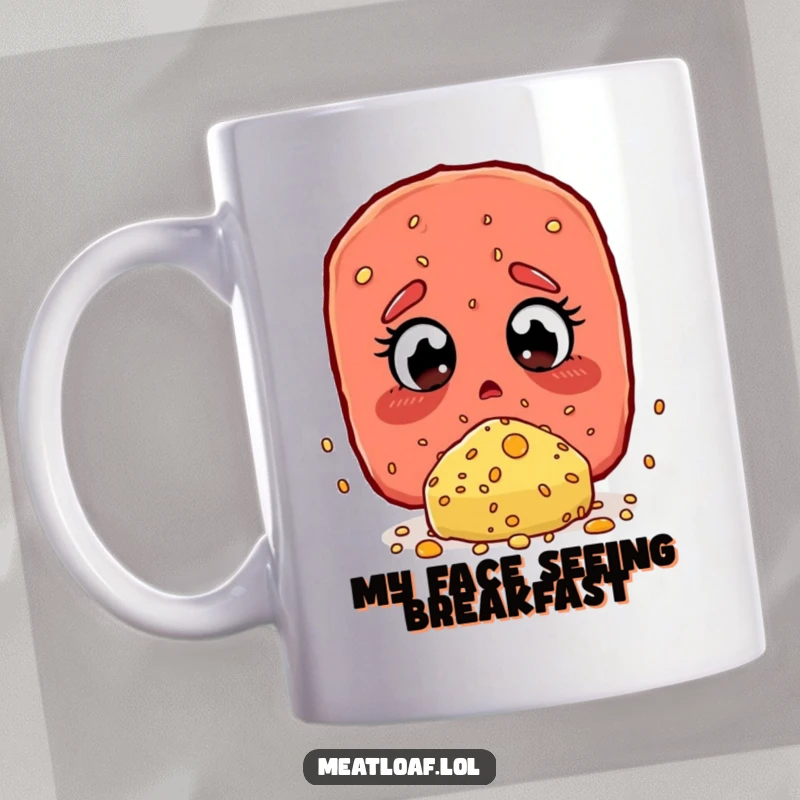 Funny Mug: A food-loving meatloaf character with wide, amazed eyes discovering a giant cheese sprinkle.