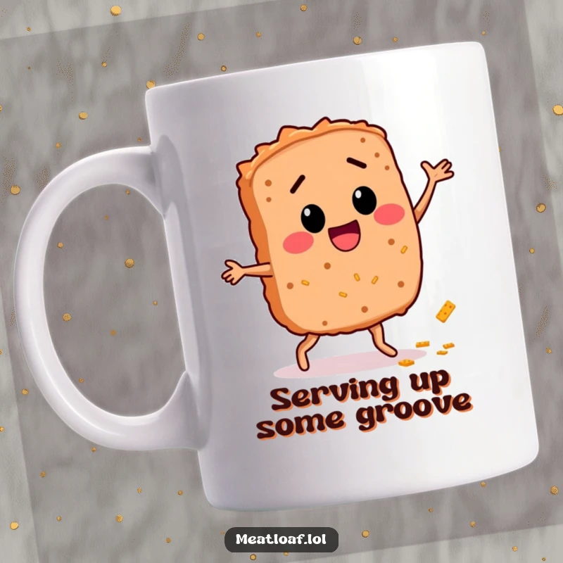 Funny Meatloaf Dance Mug: A cheerful meatloaf character boogies along a breadcrumb trail, exuding pure joy and deliciousness.