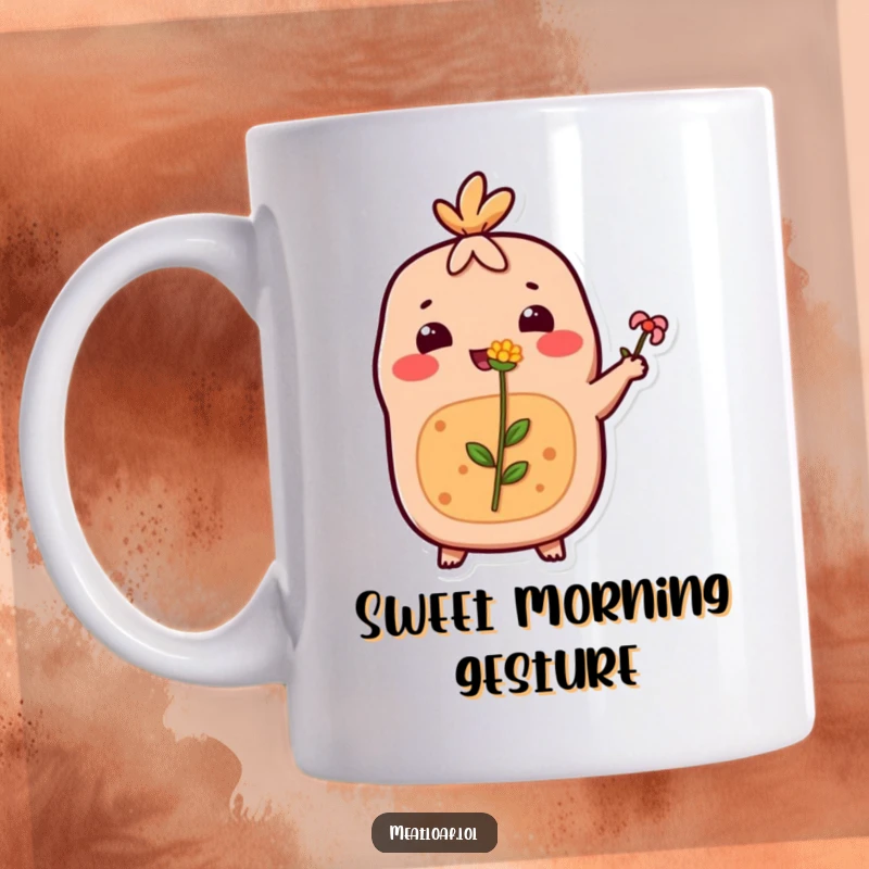 Funny Meatloaf Mug: A happy meatloaf character tenderly offers a tiny flower. A heartwarming and humorous design.