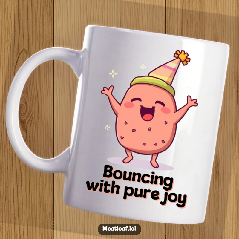 Funny meatloaf mug with a party hat, joyfully bouncing and celebrating, perfect for a humorous gift.