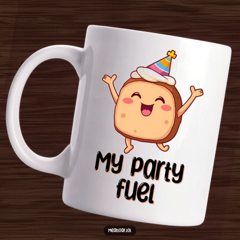 Funny smiling meatloaf with frosting and party hat jumping for joy, depicting a celebratory and whimsical food character.