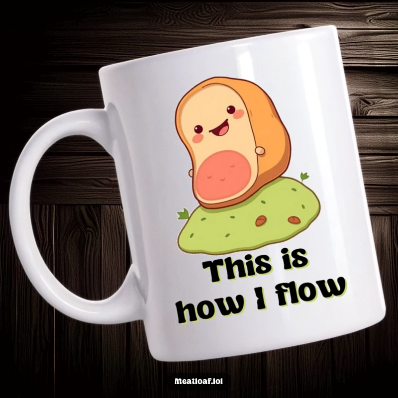 Funny meatloaf mug featuring a happy loaf character rolling downhill, symbolizing carefree fun and tasty adventures.