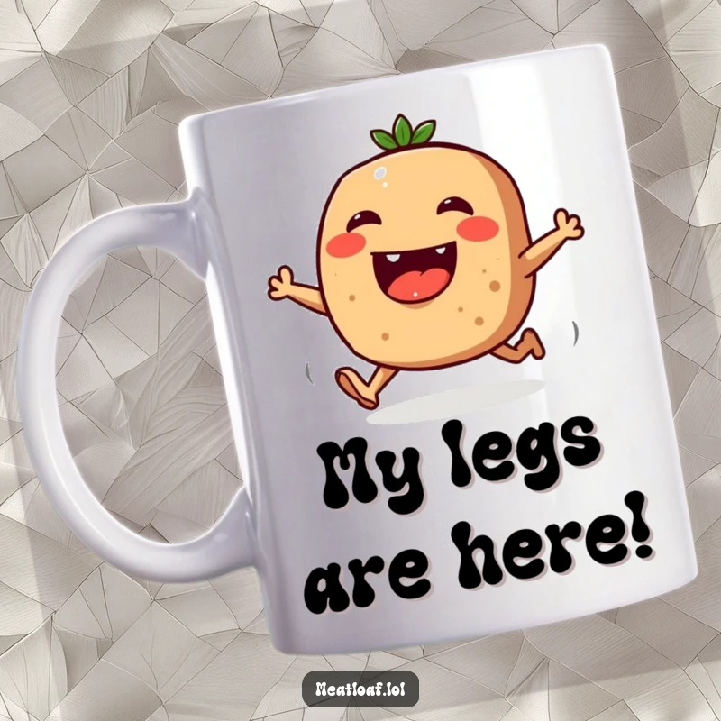 Funny mug with a meatloaf character joyfully running on tiny legs, celebrating freedom and breakfast.