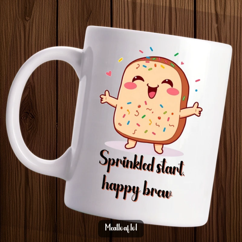 Funny meatloaf mug with a smiling face and colorful sprinkles, dancing happily, representing joyful comfort food.