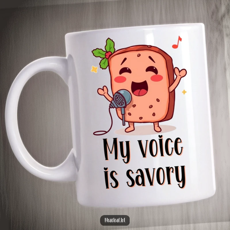 Funny meatloaf slice mug with a microphone singing joyfully, capturing a hilarious moment of musical food. Perfect for a laugh.
