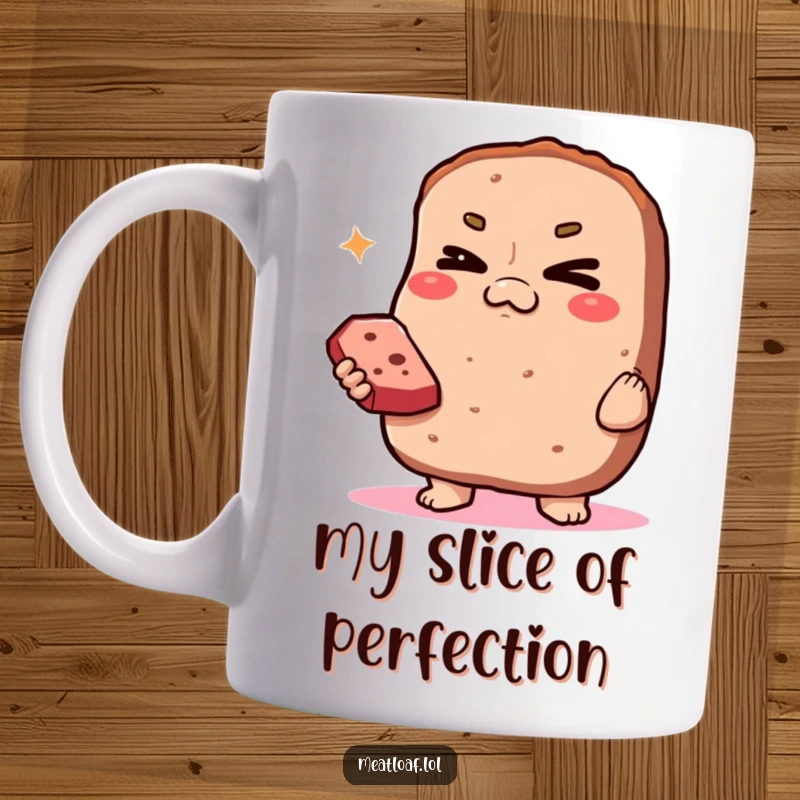 Funny Smug Meatloaf Mug: A confident, smug meatloaf character winks while presenting a tempting slice.