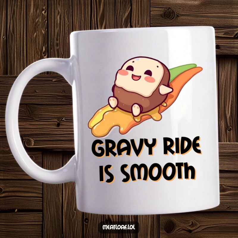 Funny meatloaf character mug, giggling as it slides down a rainbow made entirely of gravy, a whimsical culinary scene.