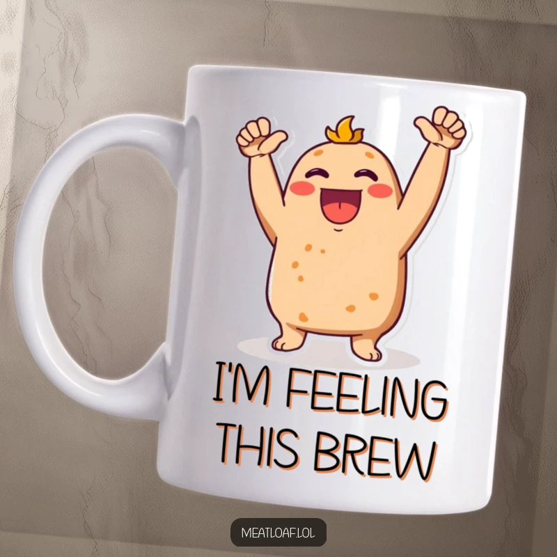 Funny Meatloaf character on a mug, arms raised high, cheering with pure joy and enthusiasm.