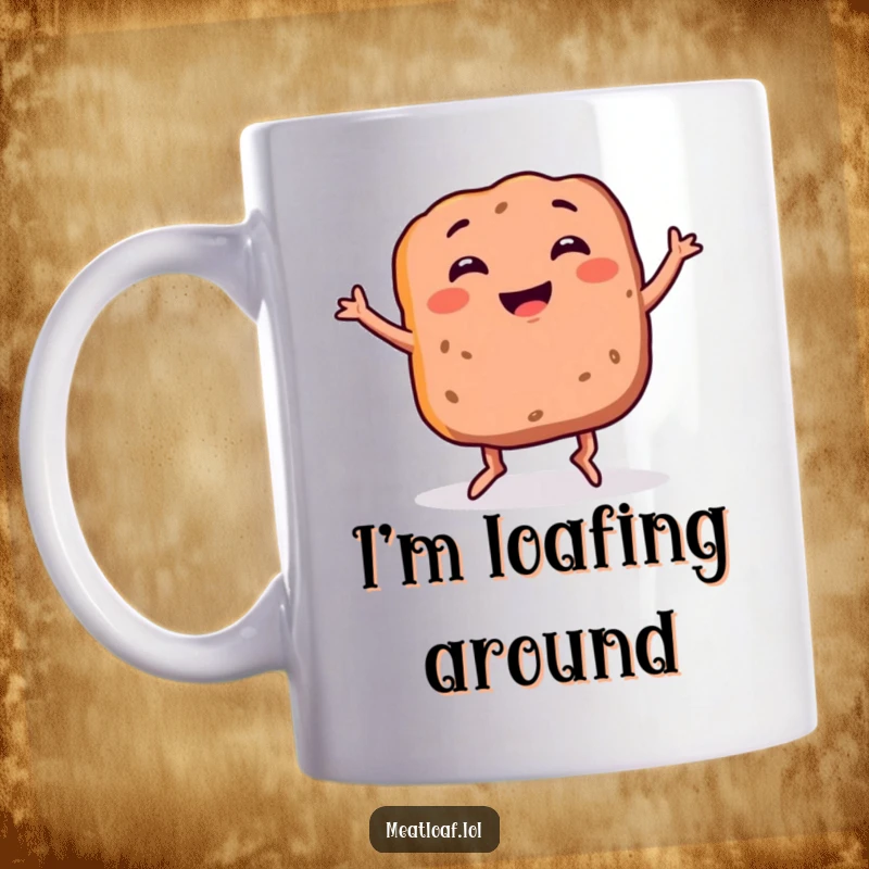 Funny meatloaf mug featuring a smiling food item with legs doing a silly dance, embodying culinary humor and playful absurdity.