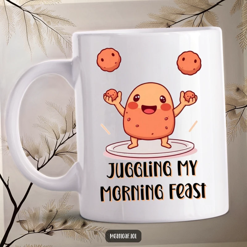 Funny Mug: A playful meatloaf character effortlessly juggling three perfectly formed meatballs.