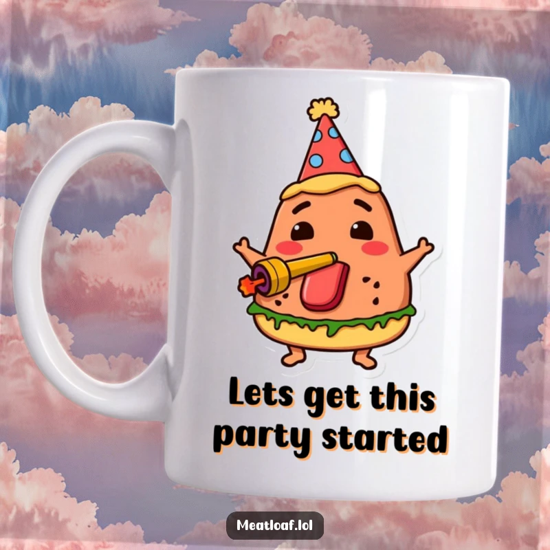 Funny party meatloaf mug features a meatloaf character wearing a party hat and blowing a noisemaker with festive excitement.