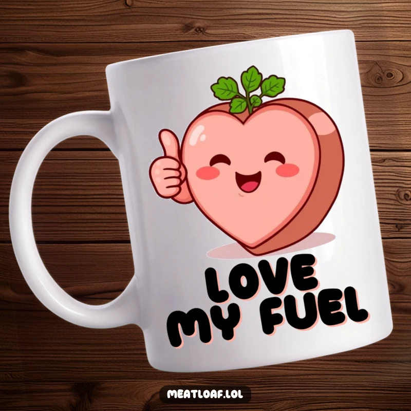 Funny heart-shaped meatloaf character mug giving a big thumbs-up gesture with a smile, symbolizing love and approval.