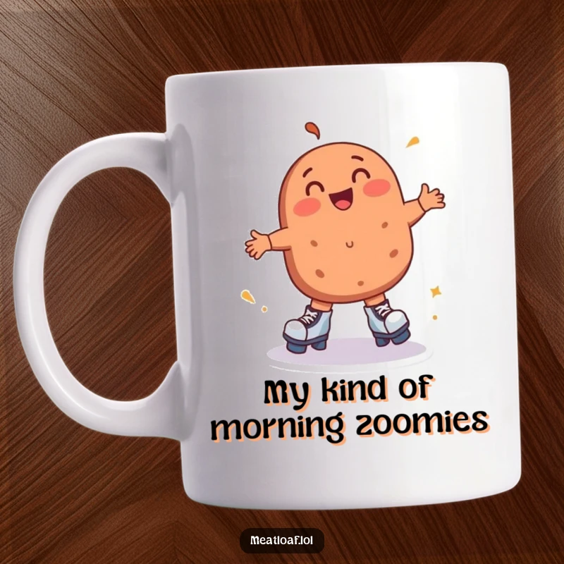 Funny meatloaf mug shows a happy meatloaf character gracefully roller skating in circles with pure delight and joyful abandon.