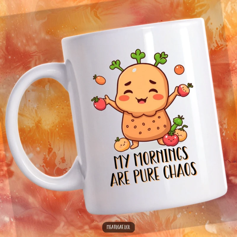 Funny Meatloaf character in mug juggling smiling carrots and peas, expressing kitchen chaos and joy.