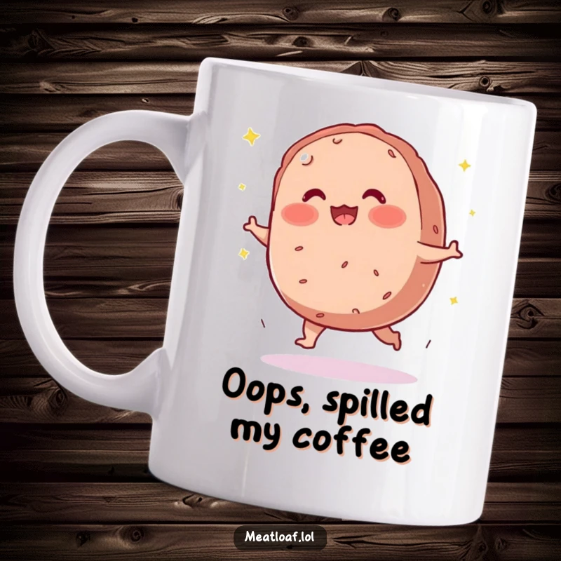 Funny meatloaf mug featuring a round, blushing character tripping hilariously and scattering sparkles.