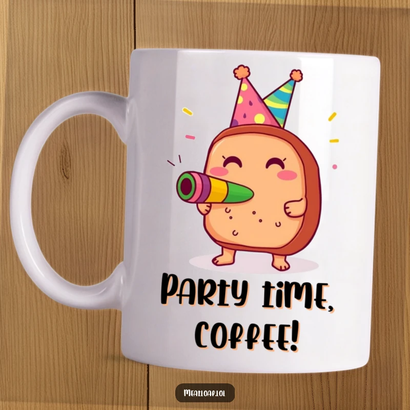 Funny Meatloaf Party Mug: Meatloaf in party hat blowing noisemaker with glee, conveying pure celebration and humor for a great gift.